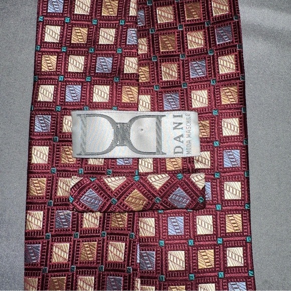 Dani Moda Maschile Ties Mens 60" Burgundy Silk Square Checkered Pattern Luxury - Picture 2 of 4
